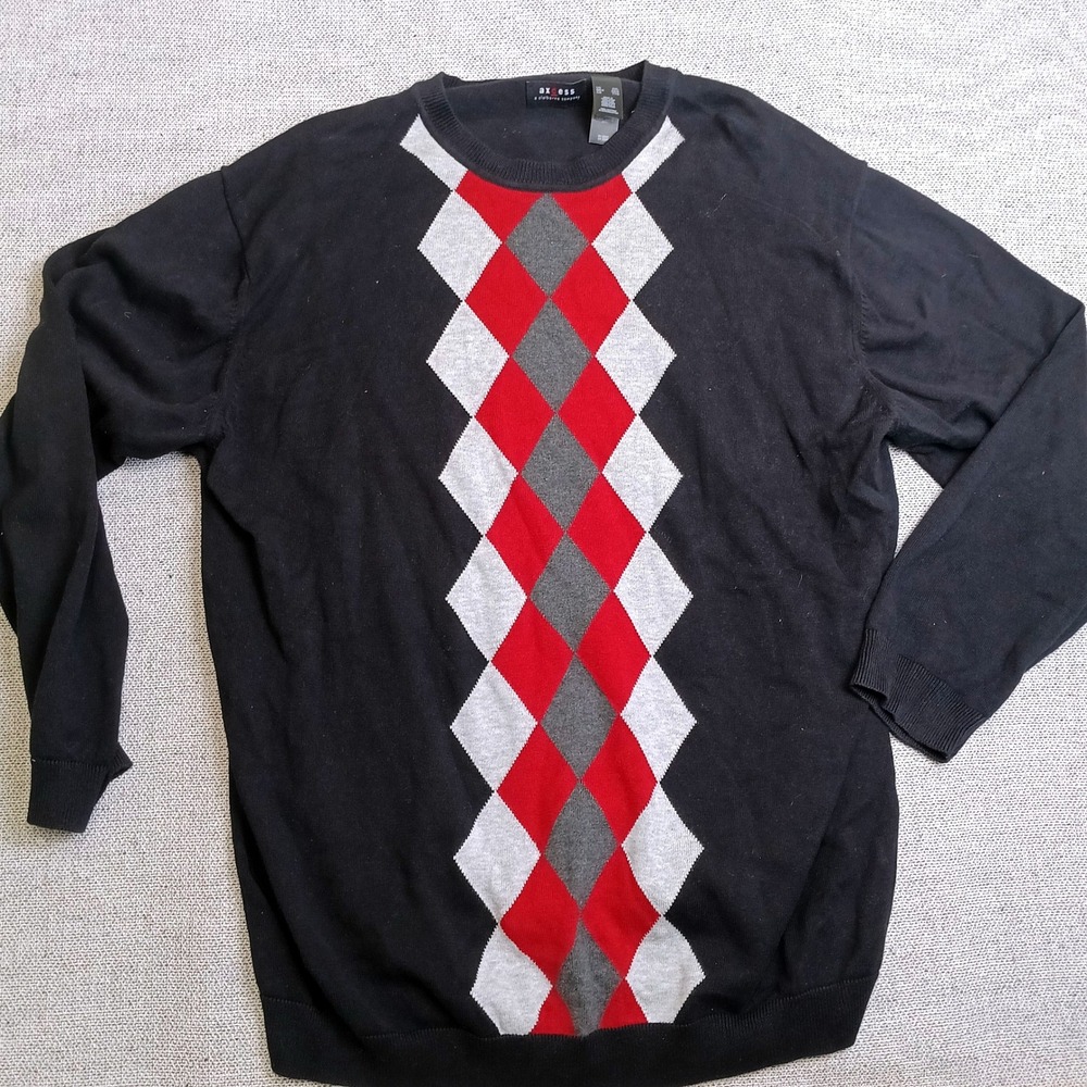 Axcess Sweater Mens XXL Black Excellent Argyle Cotton Crew Neck Long Sleeve